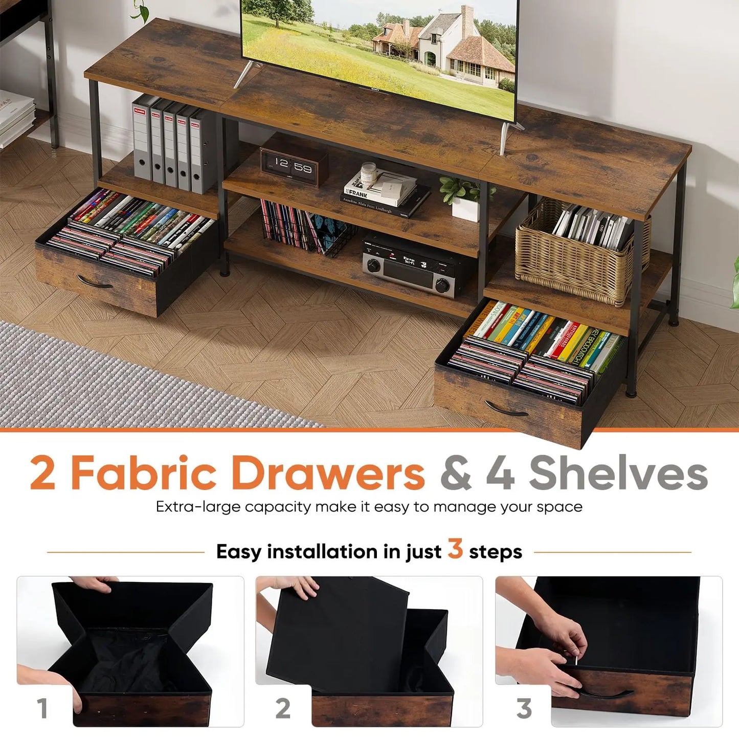 JHK Wooden TV Stand Entertainment Center With Adjustable Shelves