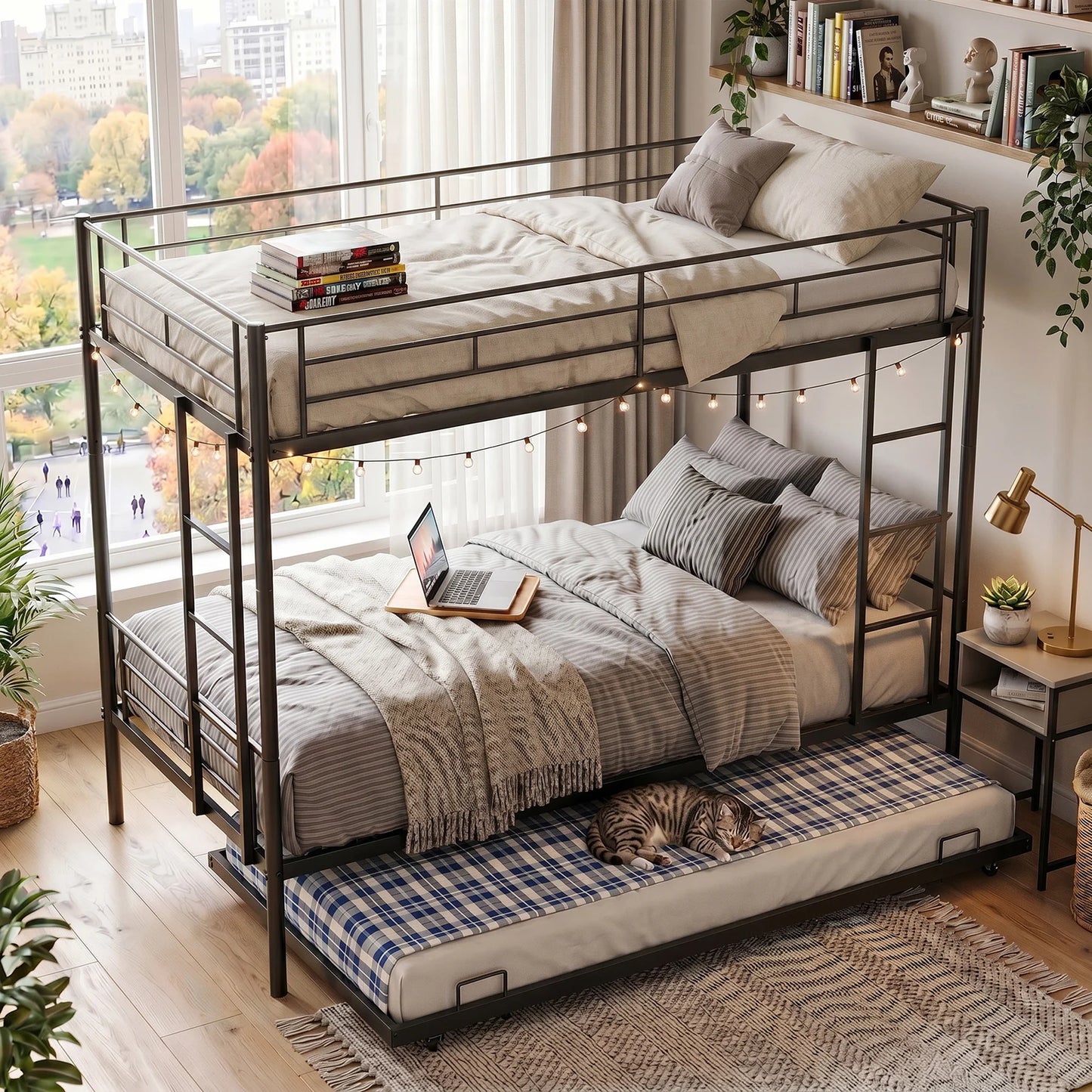 Twin Over Twin Bunk Bed With Trundle Dual Ladder Safety Rails Metal Construction