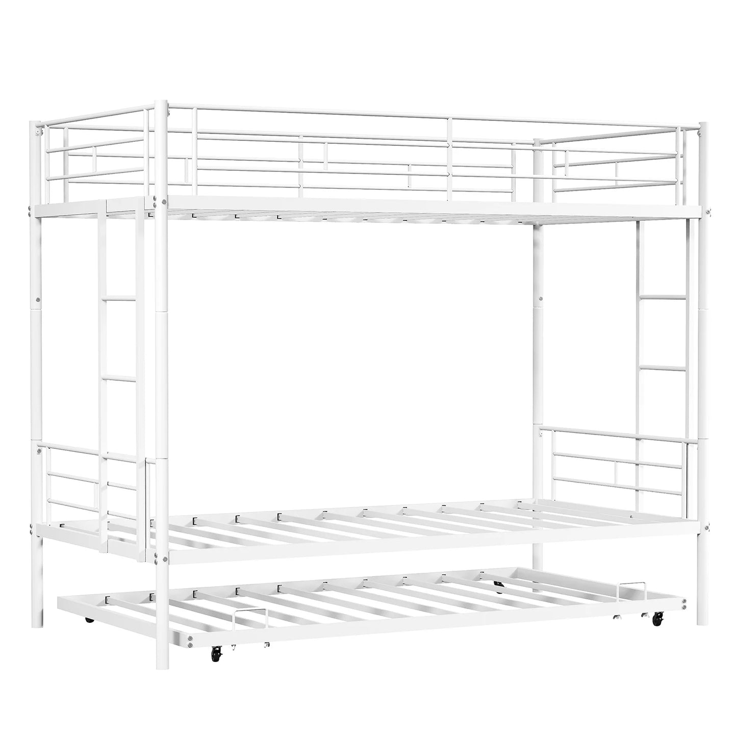 Twin Over Twin Bunk Bed With Trundle Dual Ladder Safety Rails Metal Construction