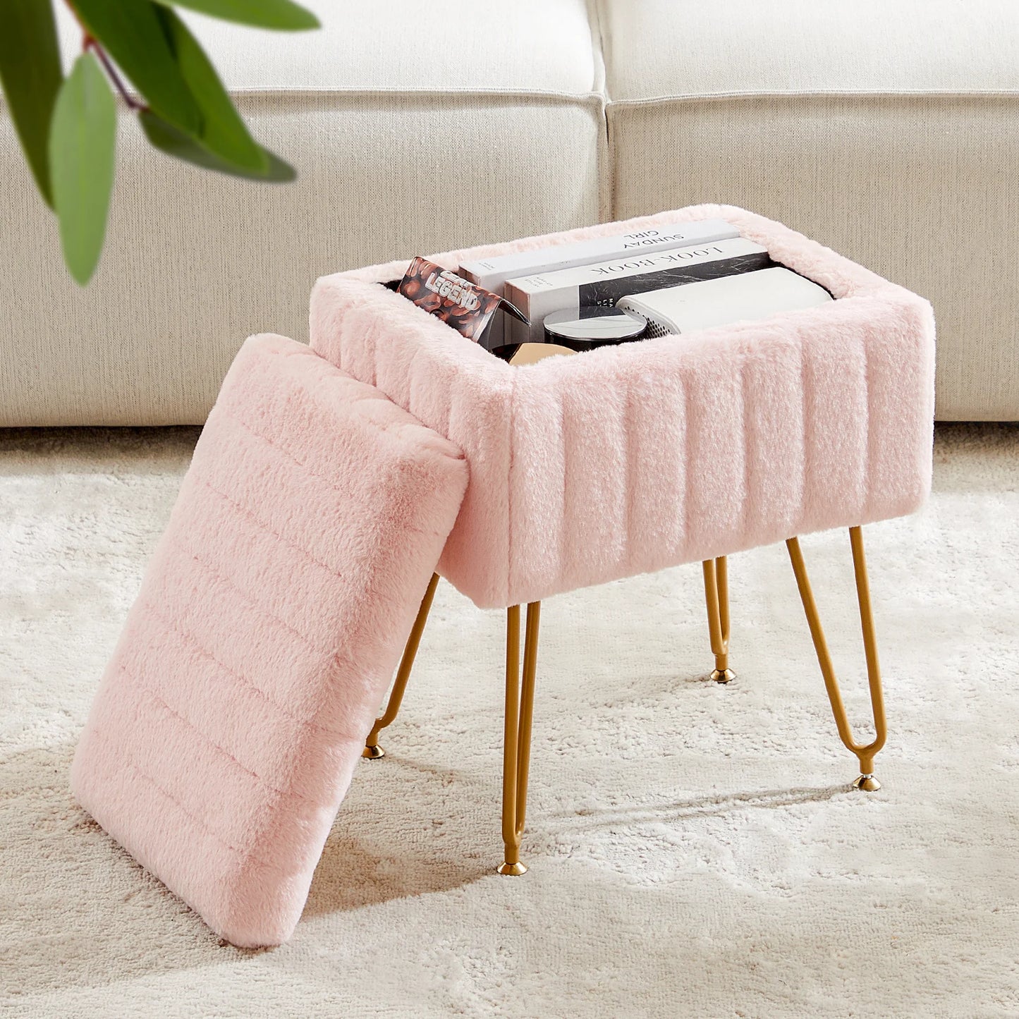JHK Faux Fur Storage Ottoman Metal Legs For Living Room