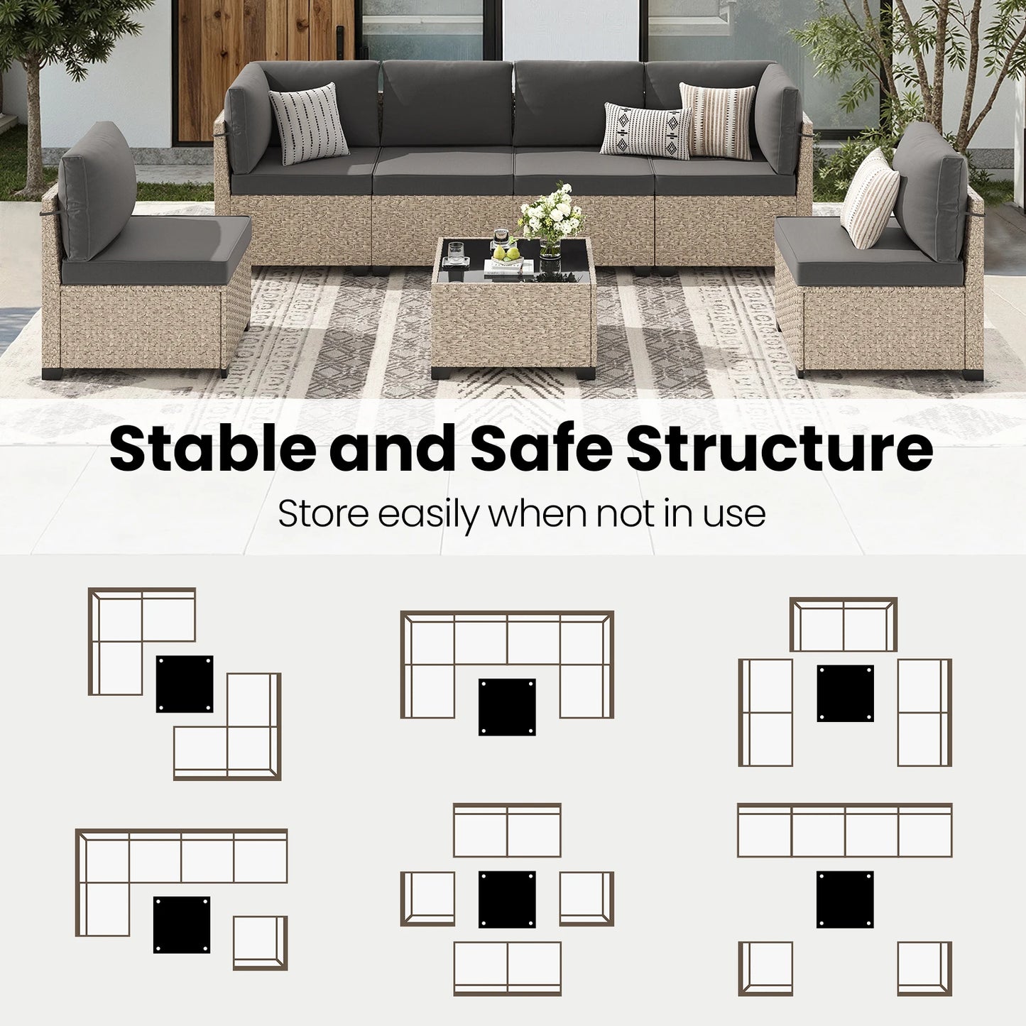 Outdoor 7 Piece Rattan Sectional Sofa With Tempered Glass Table