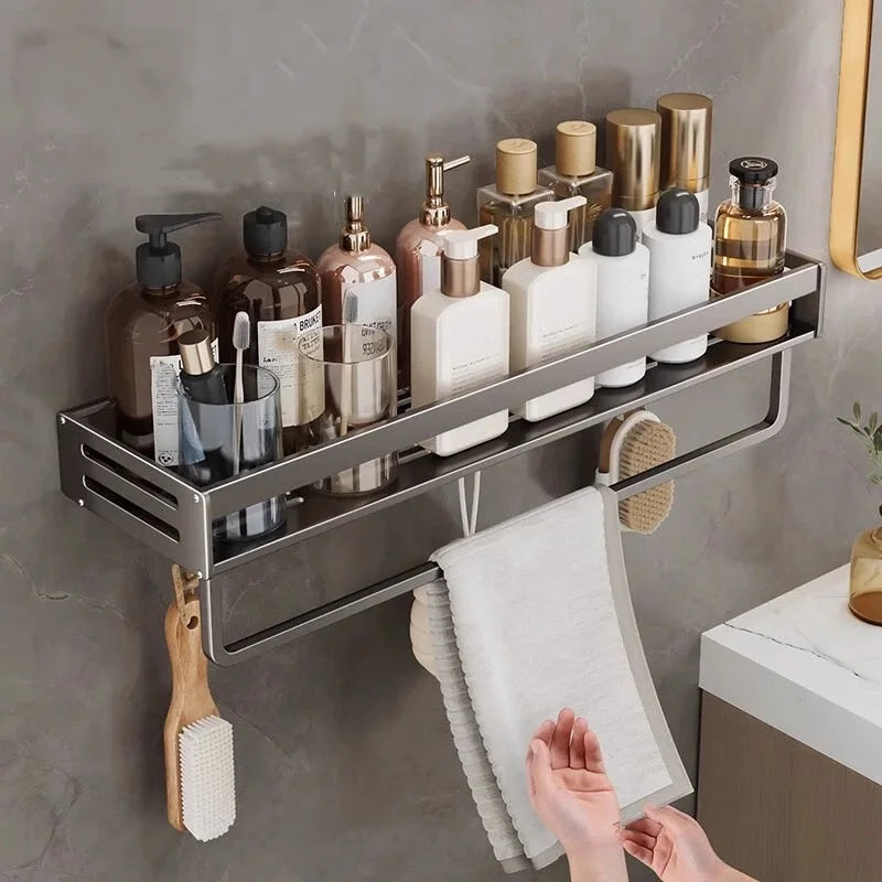 Aluminum Shower Corner Shelf Without Drilling With Towel Bar And Shampoo Holder