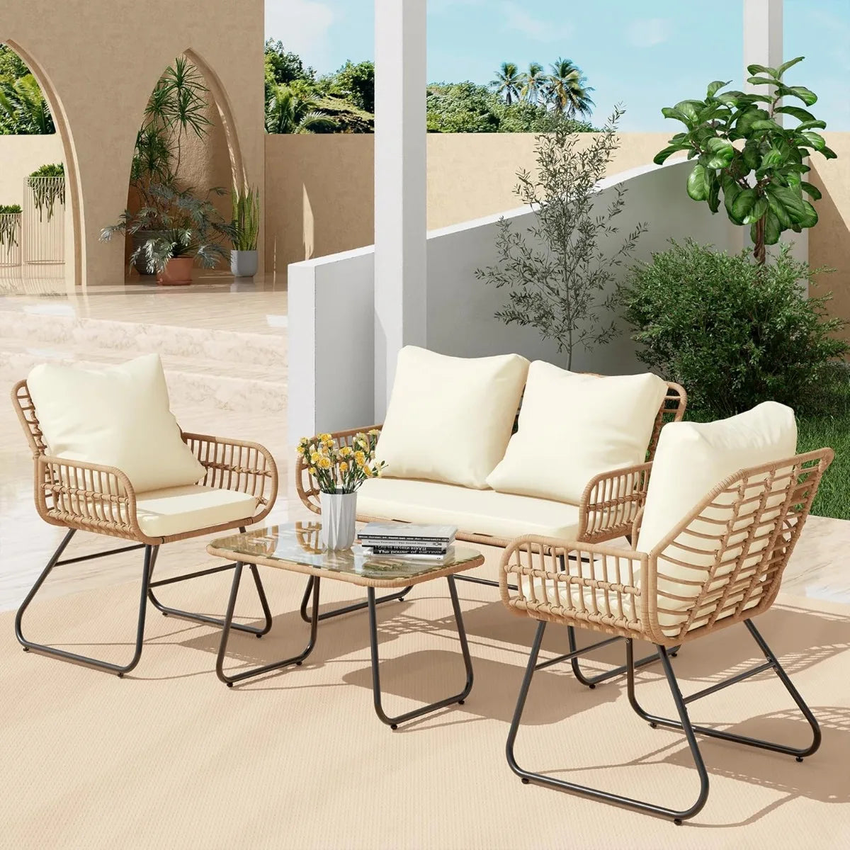 XIUWO 4 Piece Outdoor Patio Furniture Tempered Glass Table Cushions