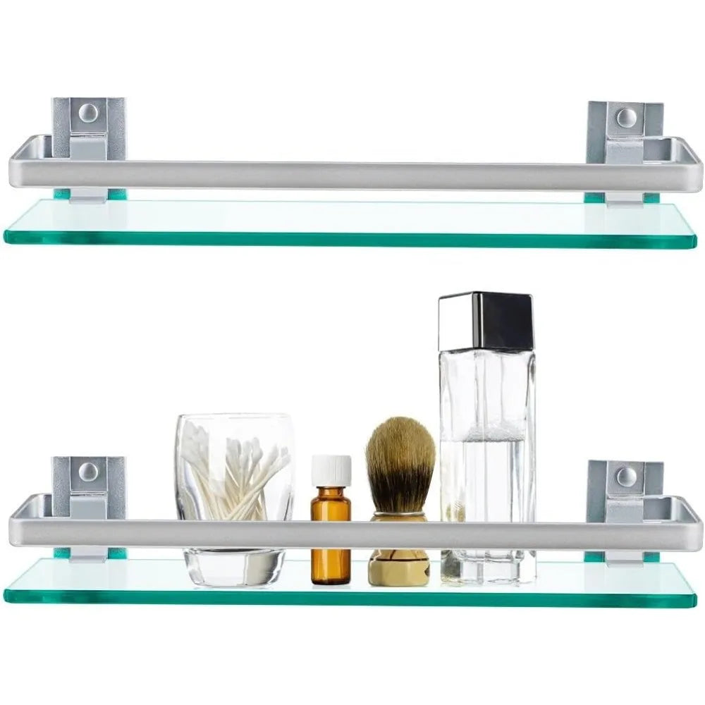 2 Pack Tempered Glass Bathroom Shelf With Rail Wall Mounted