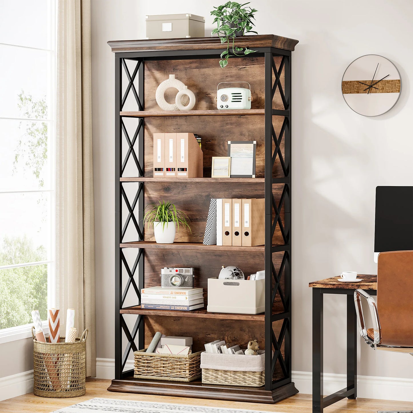 Tribesigns Industrial Wood Bookshelf Floor Standing Storage Shelves