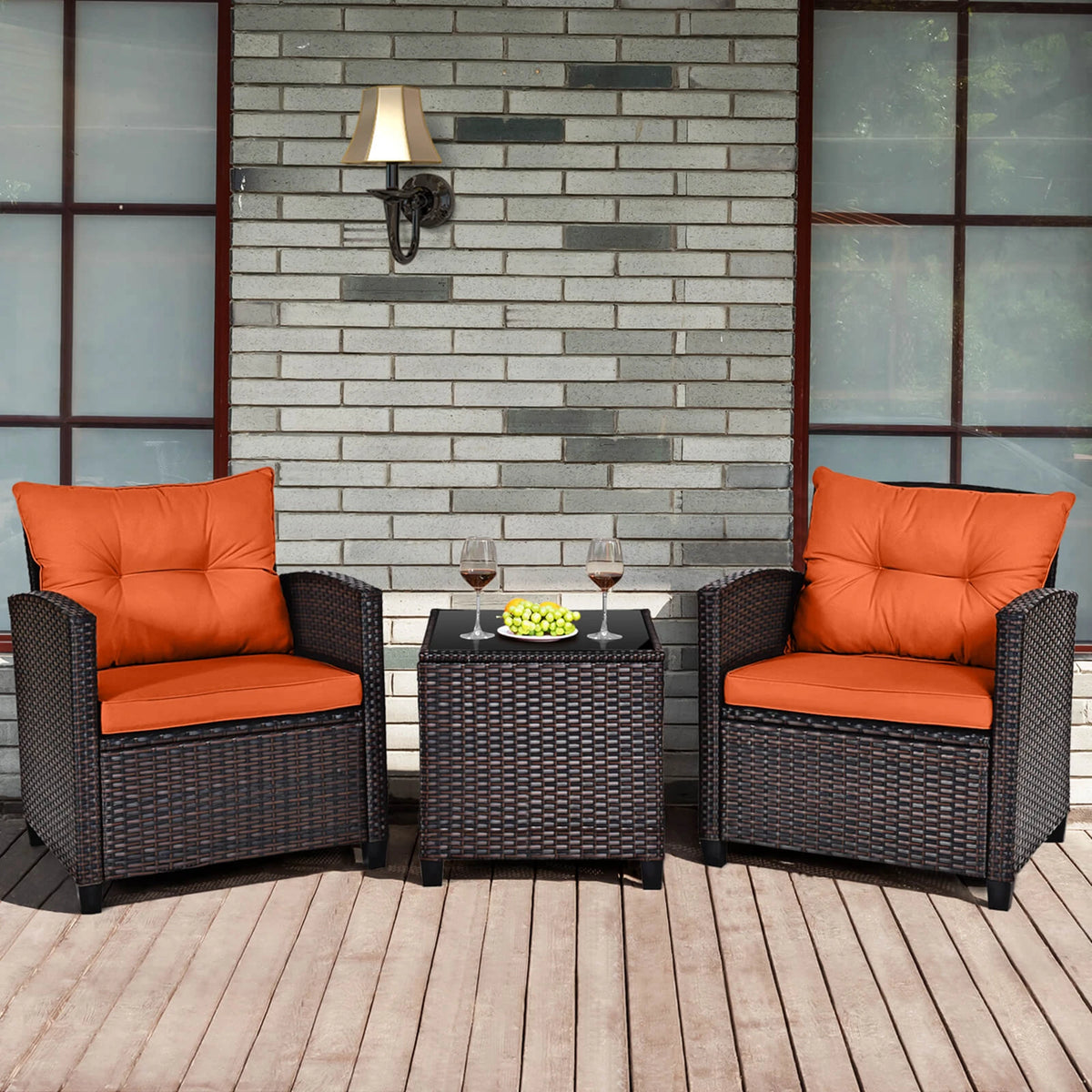 HOMASIS 3 Piece Outdoor Rattan Conversation Sofa Cushioned Furniture Set
