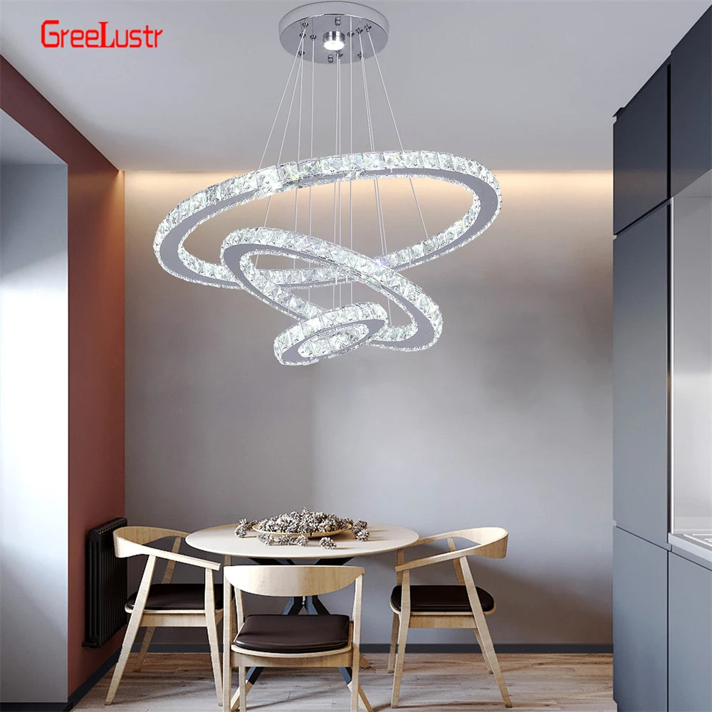 GreeLustr Modern Crystal Chrome Led Pendant Light Adjustable Ring Chandelier