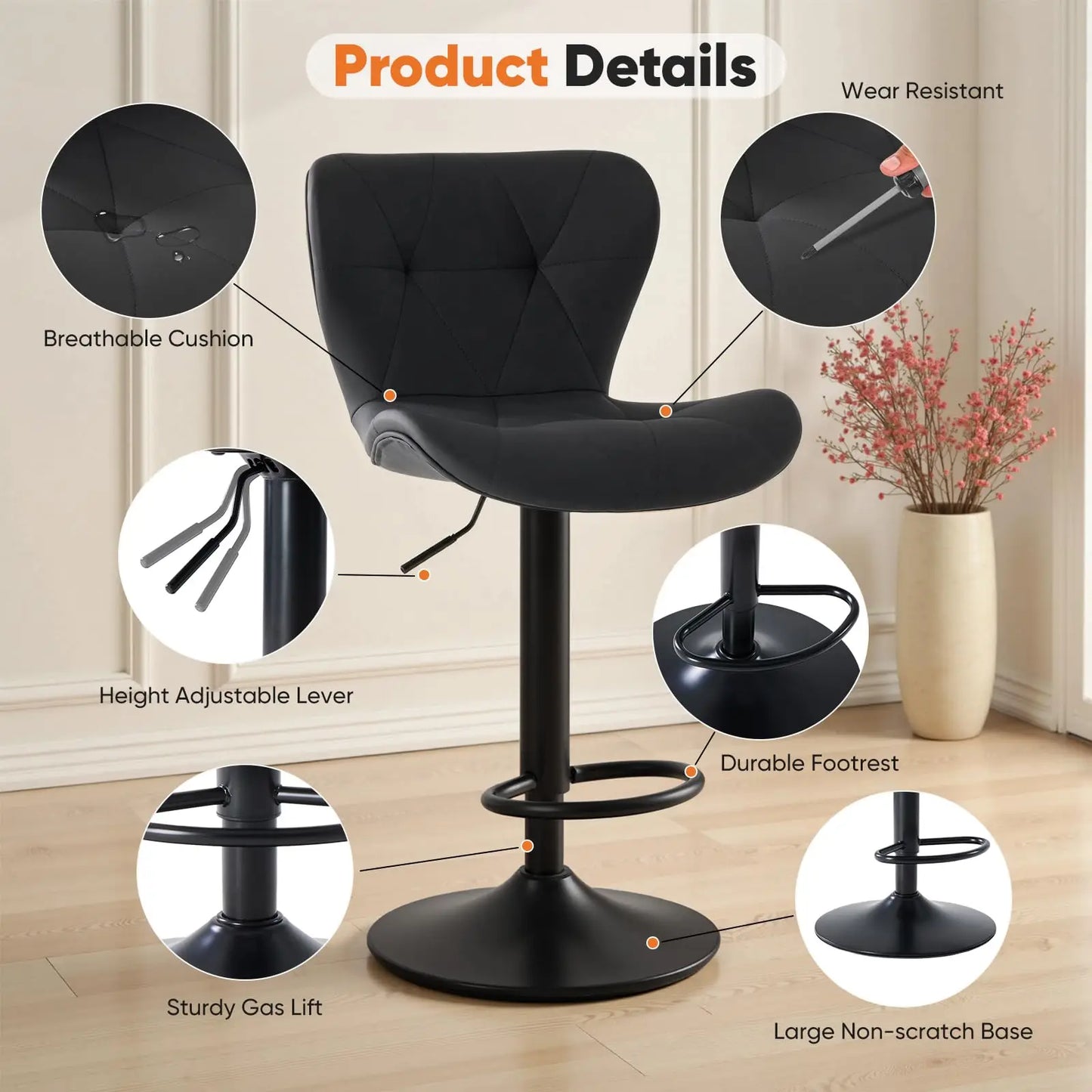 JHK Ergonomic Faux Leather Dining Chairs Adjustable Height Metal Frame