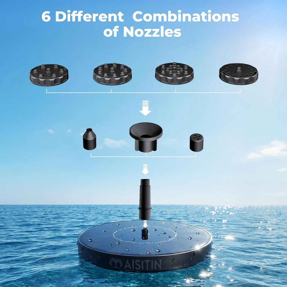 Stable Solar Fountain With Six Nozzles For Garden Pond Landscaping