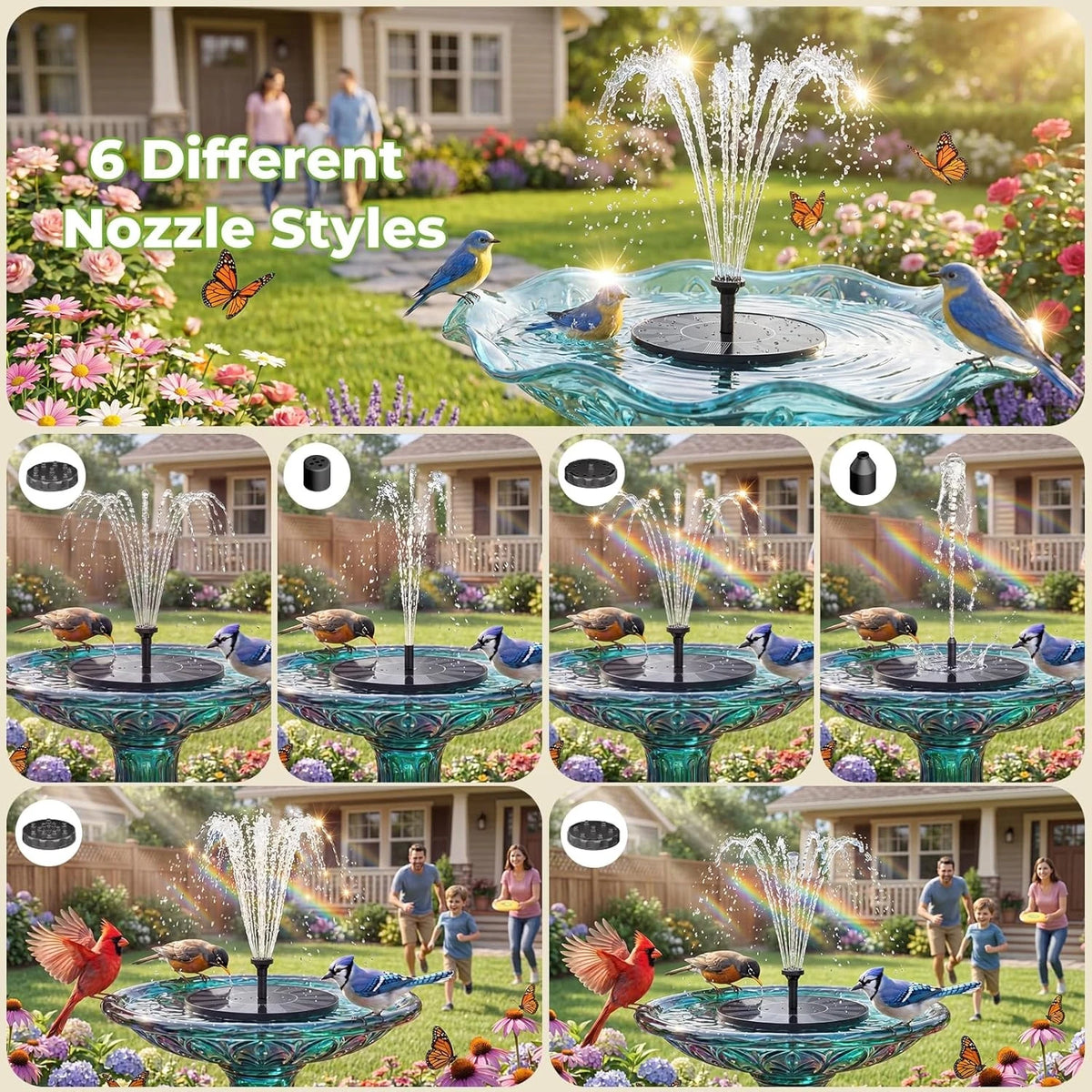 Stable Solar Fountain With Six Nozzles For Garden Pond Landscaping