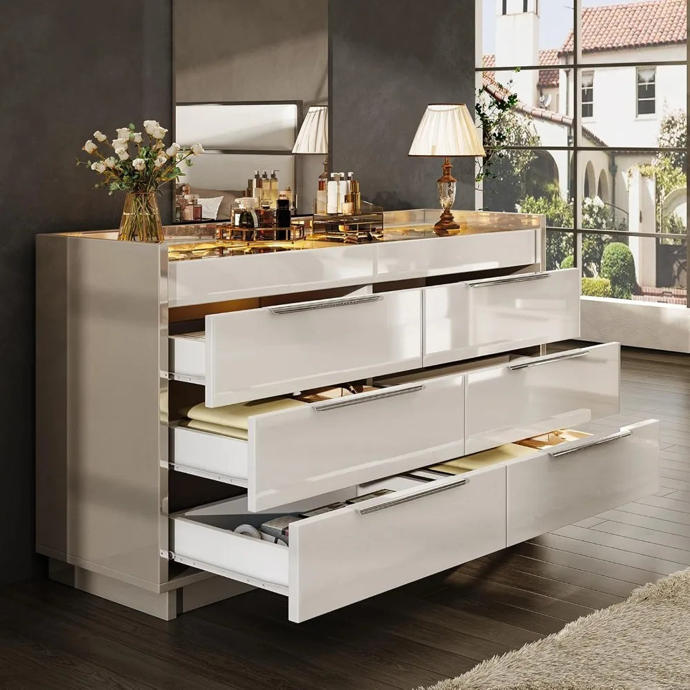 XMSJ 8 Drawer Dresser With LED Light And Glass Top