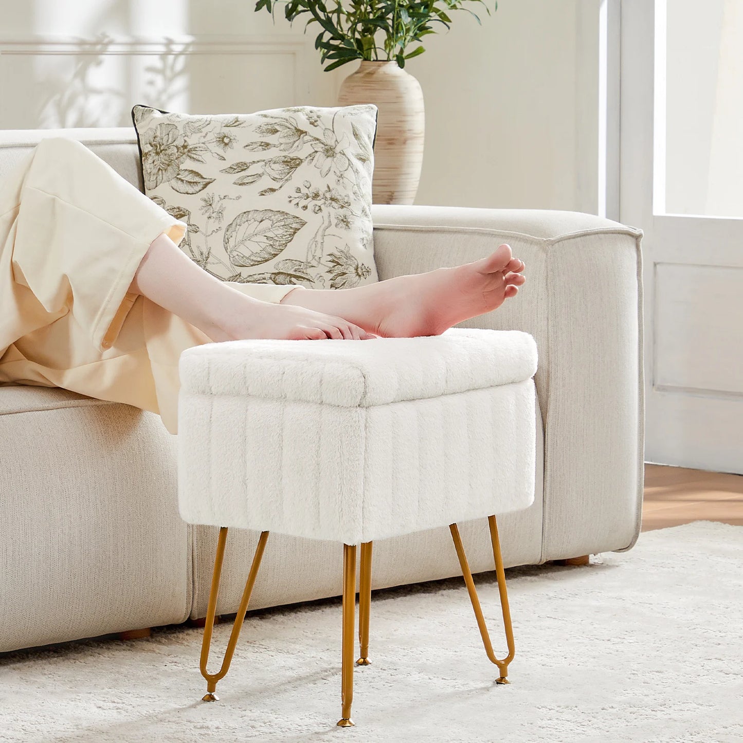 JHK Faux Fur Storage Ottoman Metal Legs For Living Room