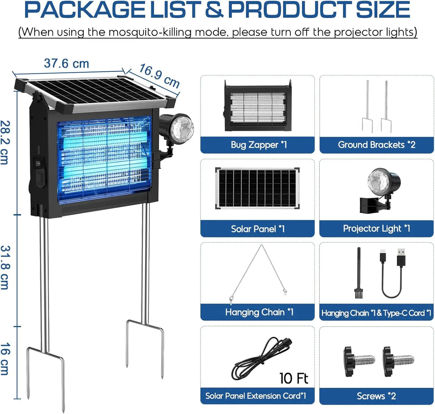 Solar Bug Zapper 4500V 2-In-1 Rechargeable With Projection Light IP66