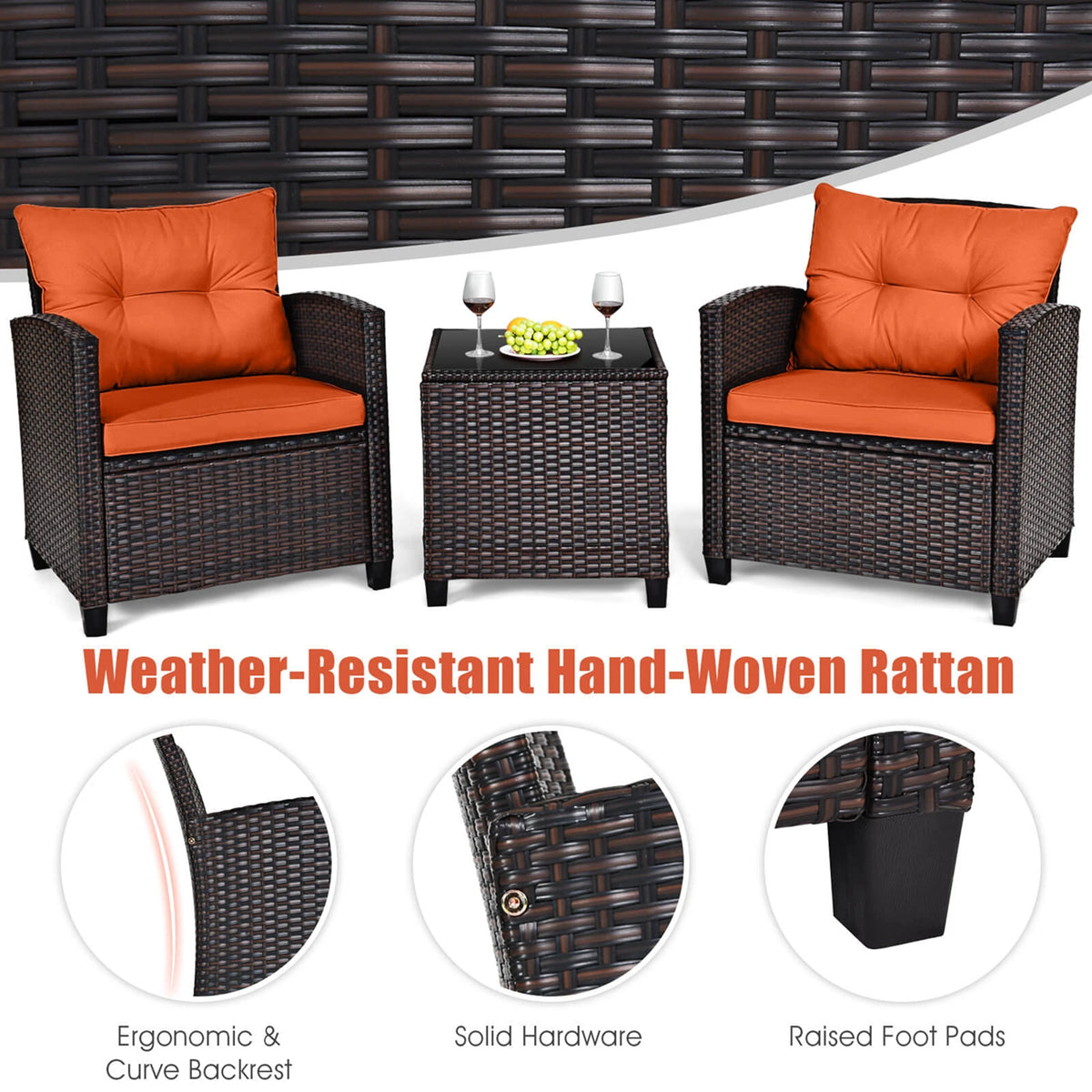 HOMASIS 3 Piece Outdoor Rattan Conversation Sofa Cushioned Furniture Set