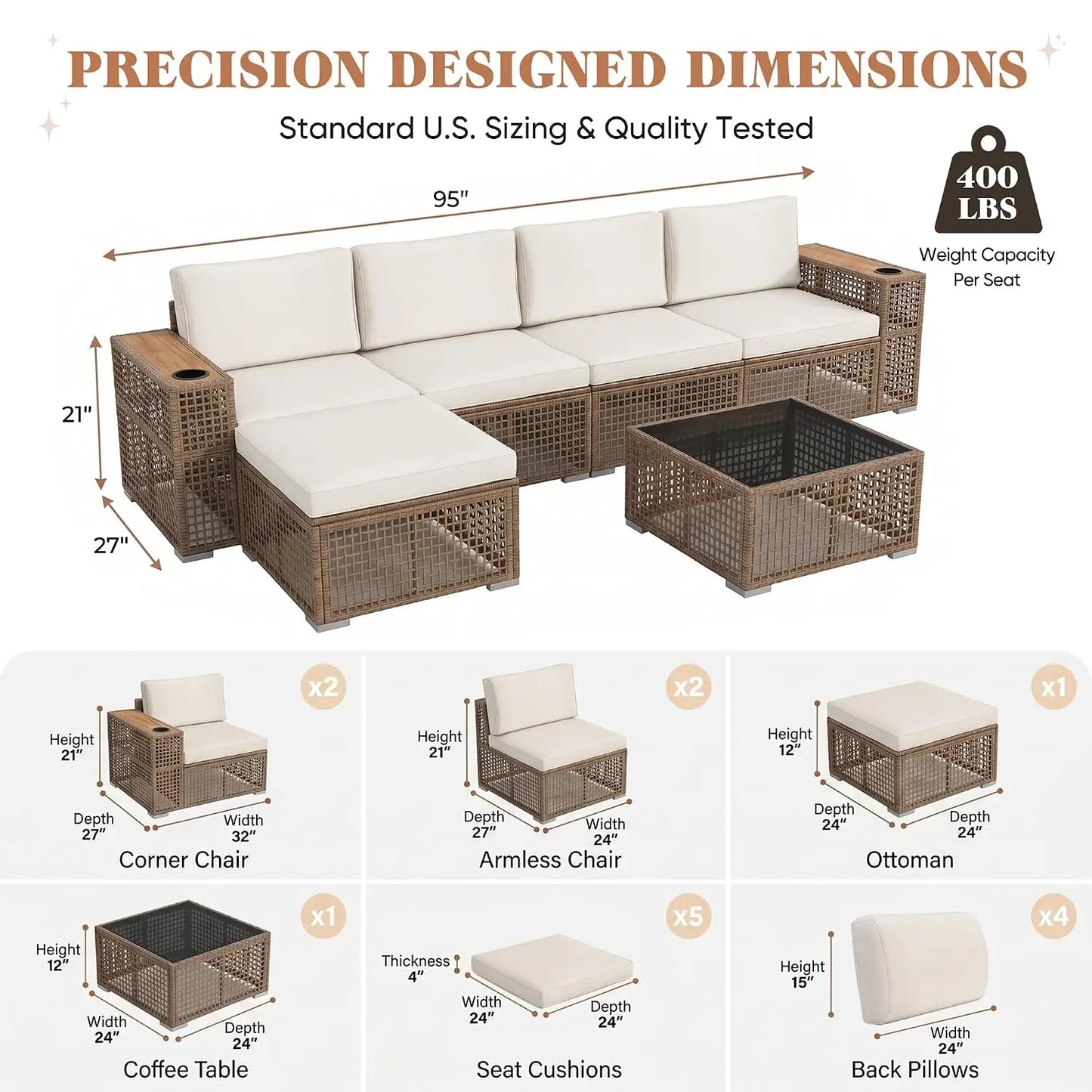 Outdoor Patio Wicker Sectional Sofa Set Cup Holder Glass Table