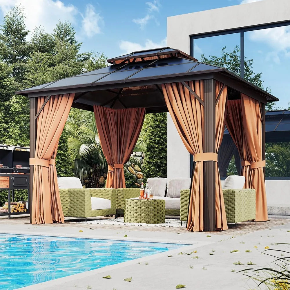 XMSJ Hardtop Gazebo With Double Roof Aluminum Frame Netting Curtains