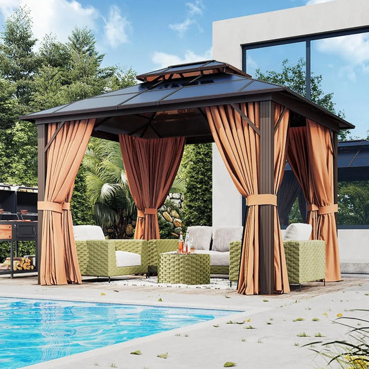 XMSJ Hardtop Gazebo With Double Roof Aluminum Frame Netting Curtains