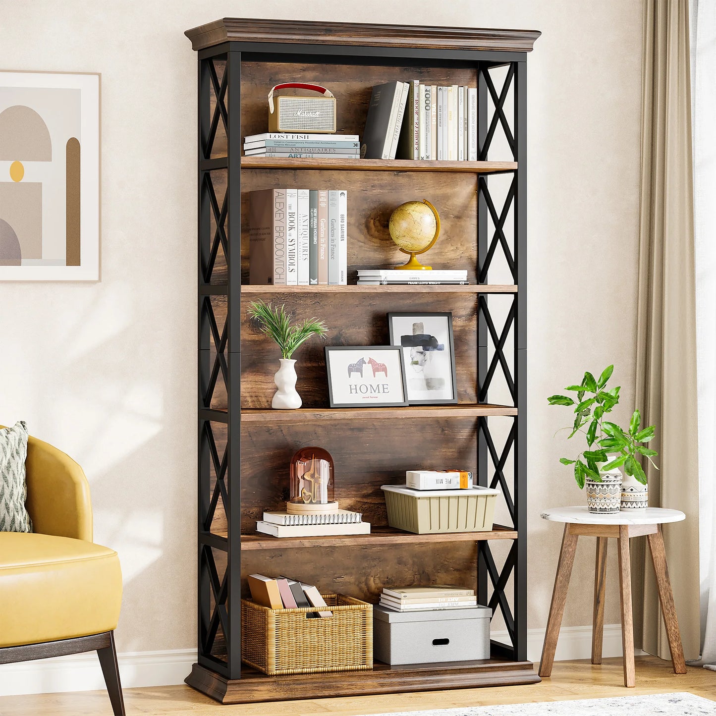 Tribesigns Industrial Wood Bookshelf Floor Standing Storage Shelves