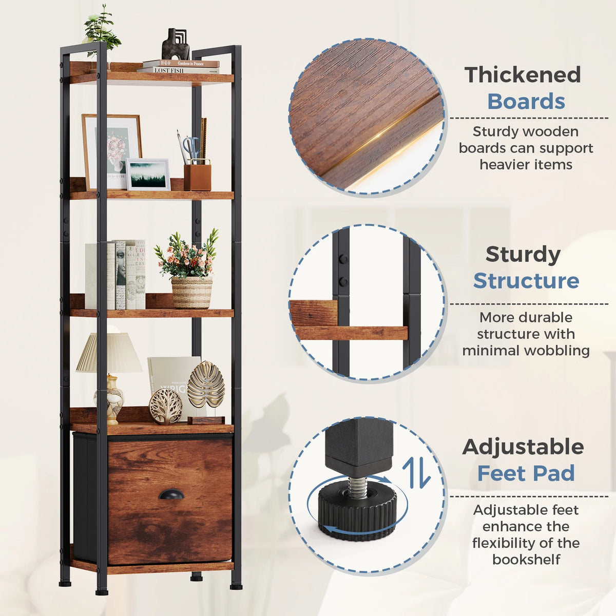 JHK Modern 5 Tier Wood Bookshelf Storage Organizer Fabric Drawer