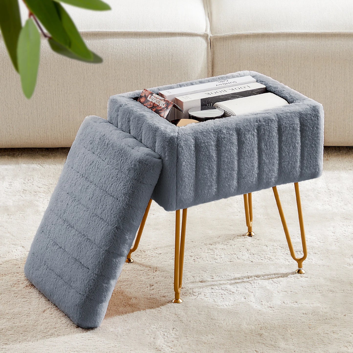 JHK Faux Fur Storage Ottoman Metal Legs For Living Room