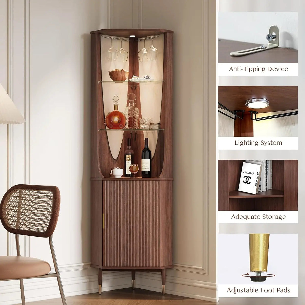 Mid Century Fluted Bar Cabinet With Glass Shelves LED Lighting