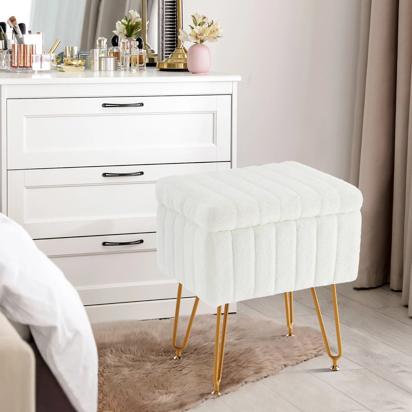 JHK Faux Fur Storage Ottoman Metal Legs For Living Room