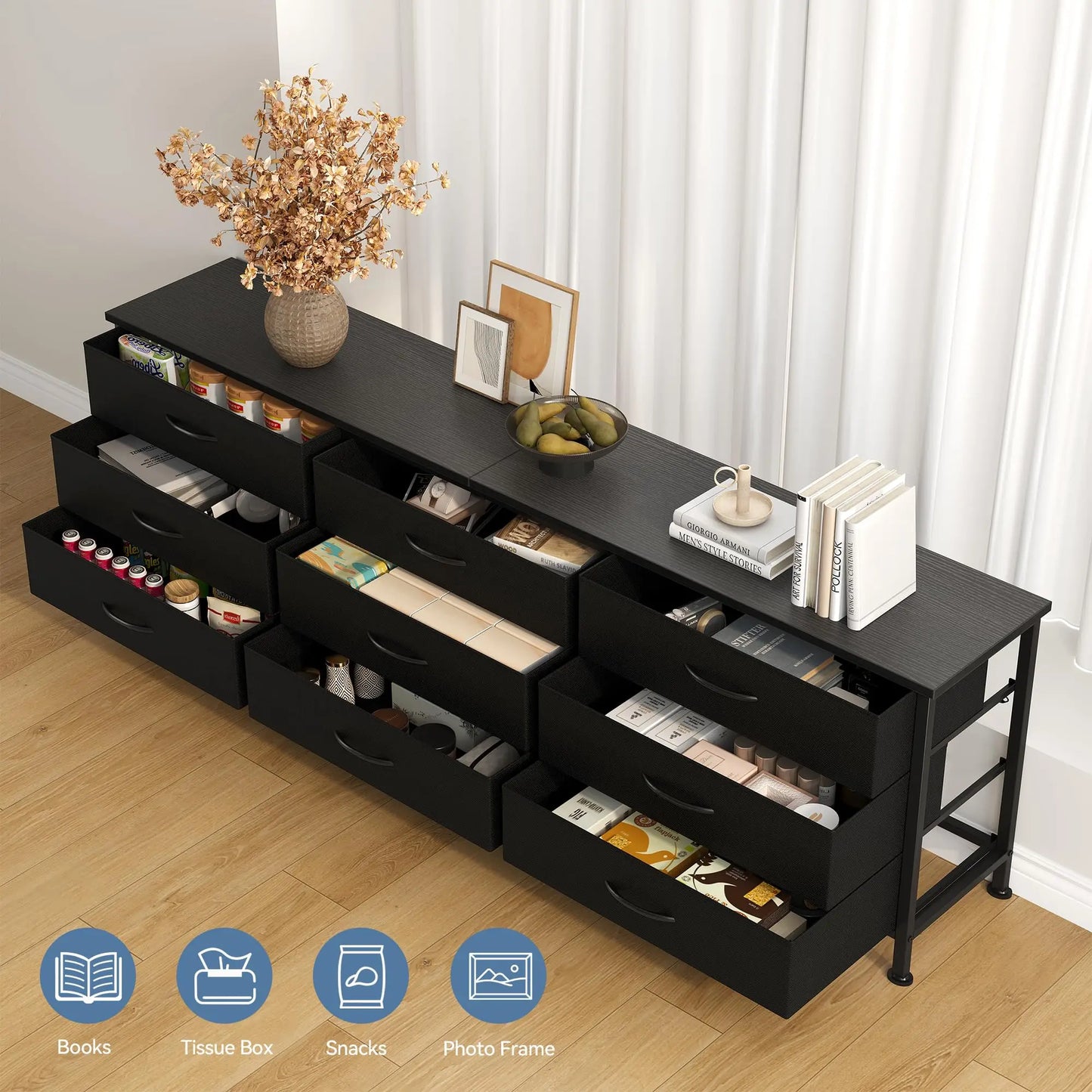 JHK Metal Frame Living Room Entertainment Center With Fabric Drawers