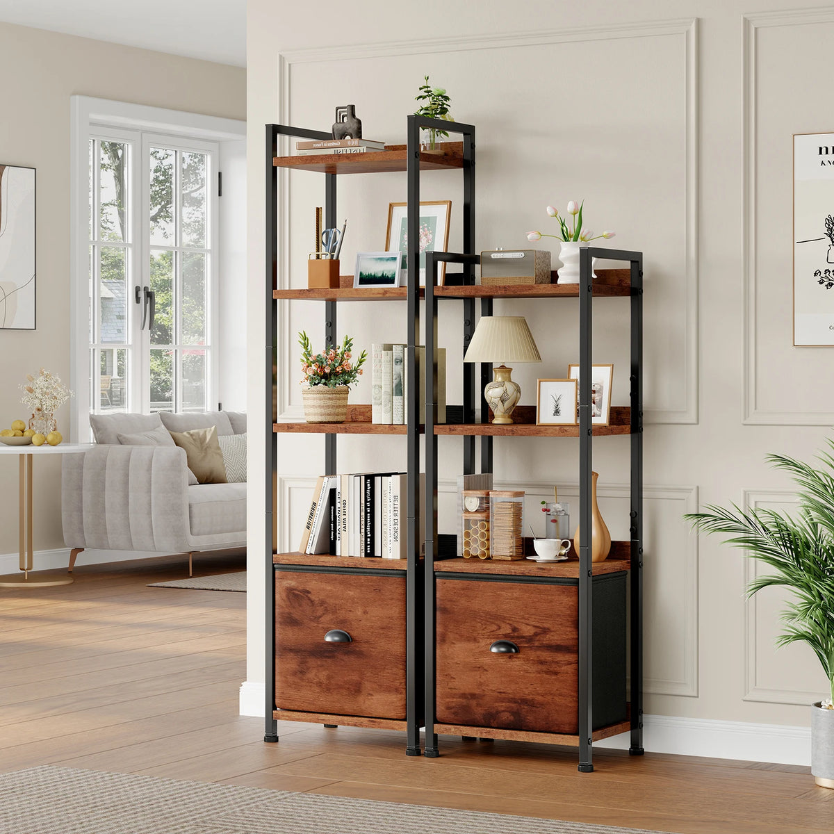 JHK Modern 5 Tier Wood Bookshelf Storage Organizer Fabric Drawer
