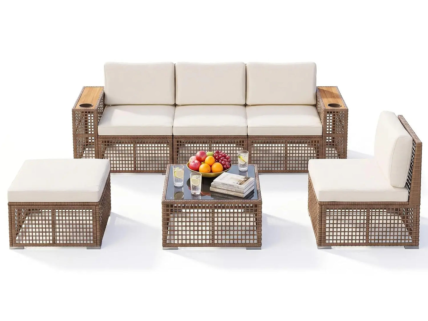 Outdoor Patio Wicker Sectional Sofa Set Cup Holder Glass Table