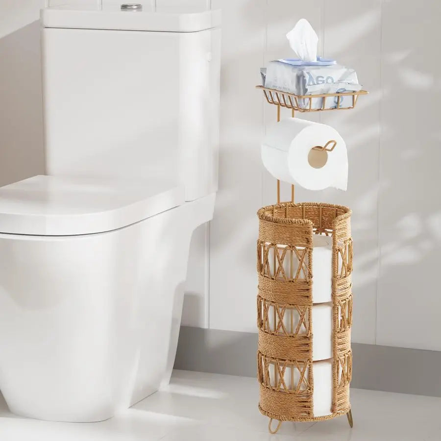 XMSJ Handmade Rattan Toilet Paper Holder Stand for Mega Rolls