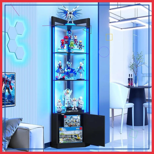 Corner Display Cabinet With RGB LED Lights And Remote Control