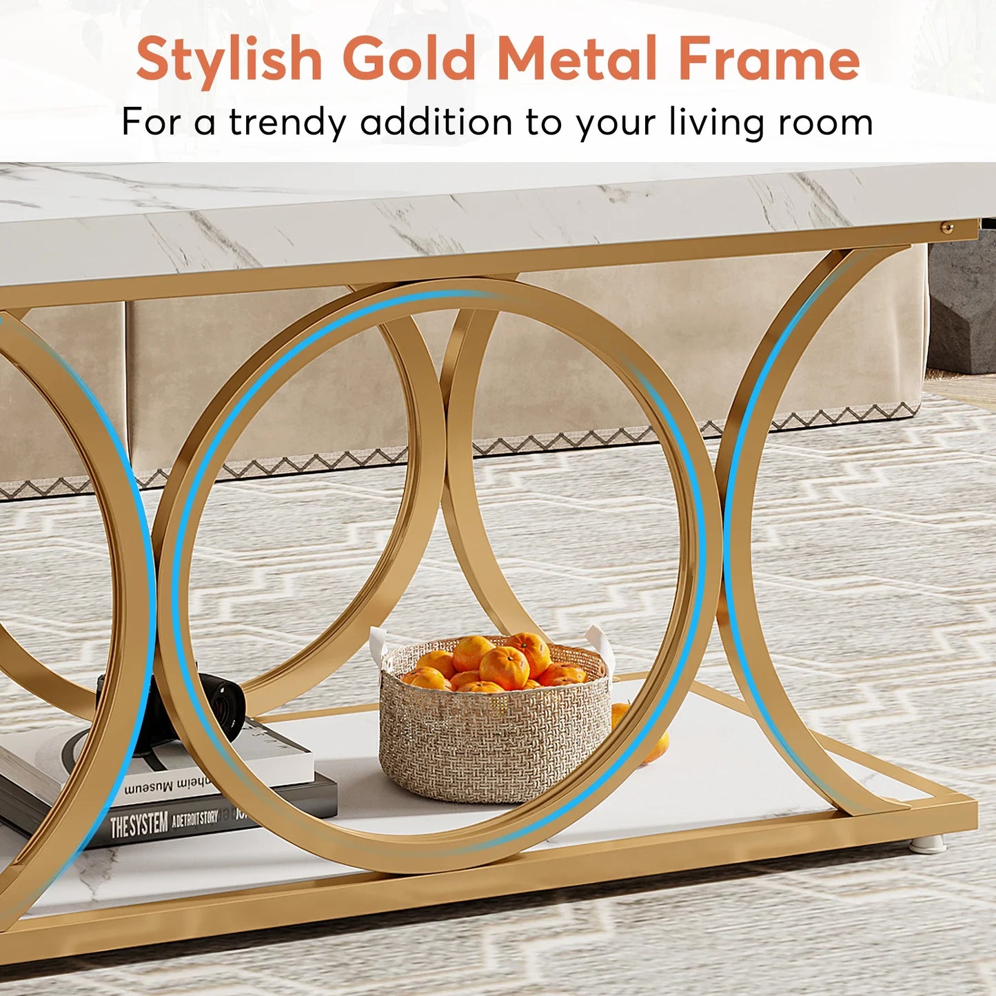 Tribesigns Rectangle Coffee Table Modern Living Room Two Tier Faux Marble Wood