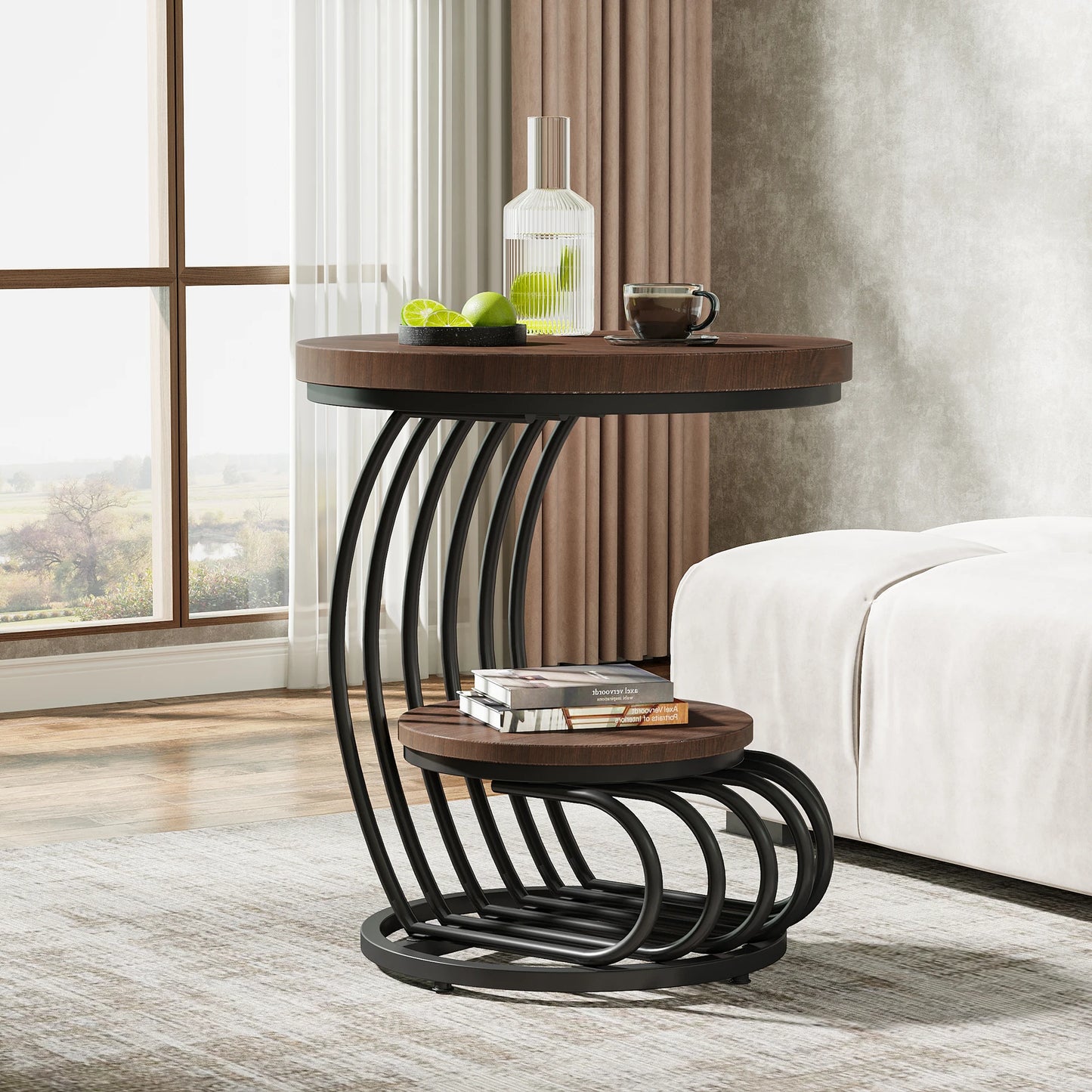 Tribesigns Gold Round End Table Two Tiers Faux Marble Storage