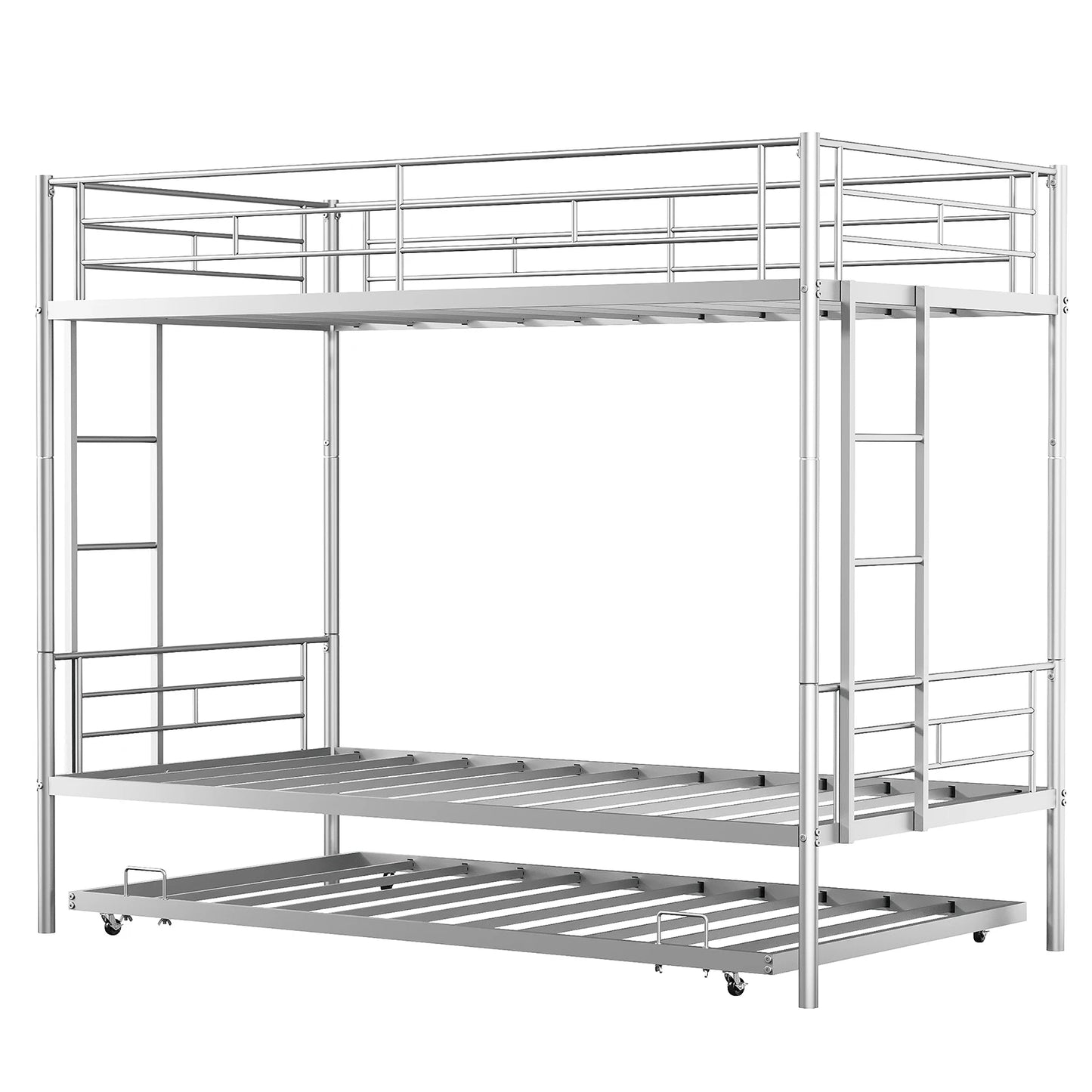 Twin Over Twin Bunk Bed With Trundle Dual Ladder Safety Rails Metal Construction