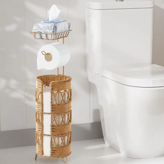 XMSJ Handmade Rattan Toilet Paper Holder Stand for Mega Rolls