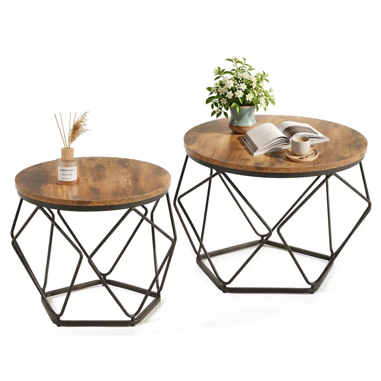 JHK Round Coffee Table Set Of 2 Nesting Hidden Storage