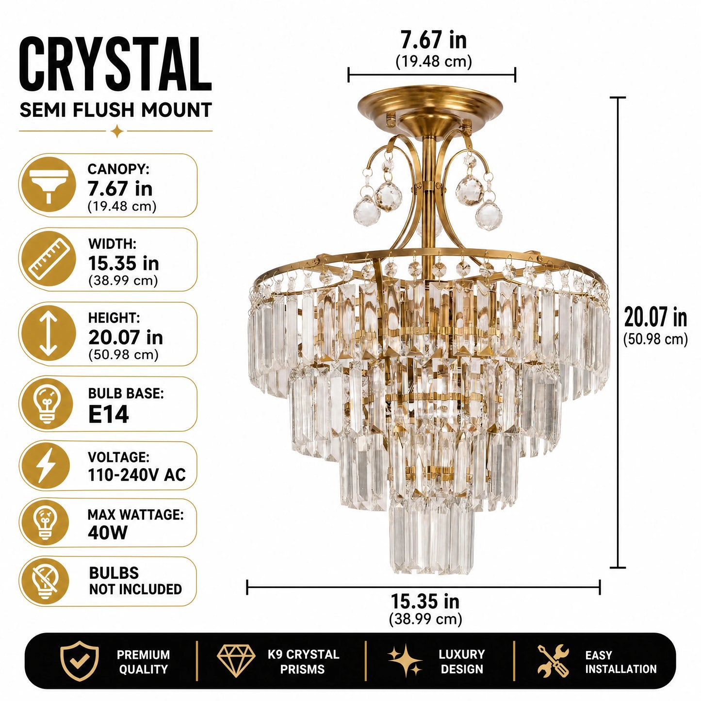 Luxury Crystal Ceiling Light Semi Flush Mount Dimmable Lighting Chandelier