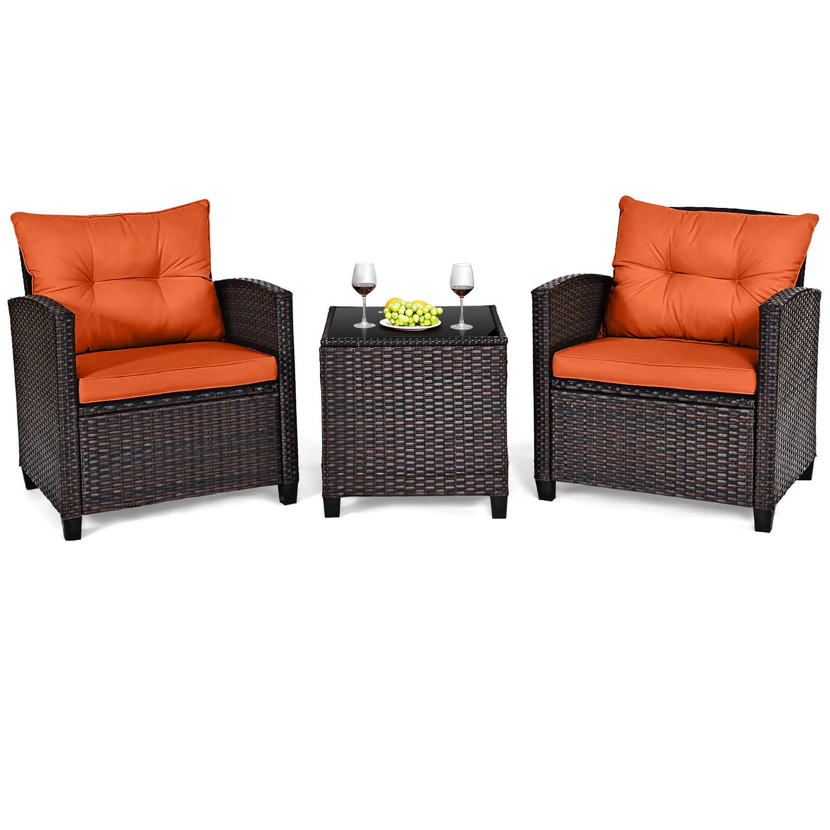 HOMASIS 3 Piece Outdoor Rattan Conversation Sofa Cushioned Furniture Set