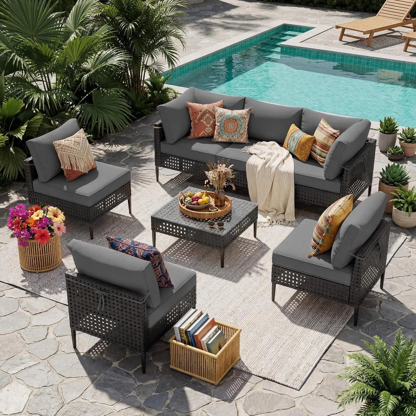 Modern Bamboo Modular Patio Sectional Sofa Set With Glass Table