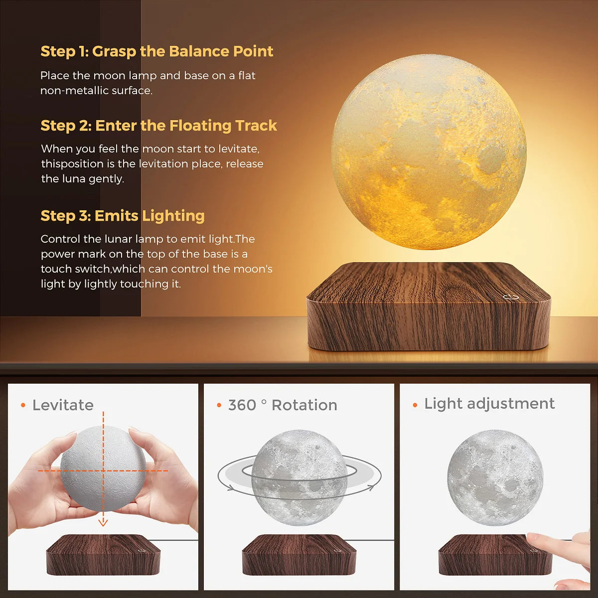 Mexllex Rotating Magnetic Floating Moon Lamp With Wooden Base