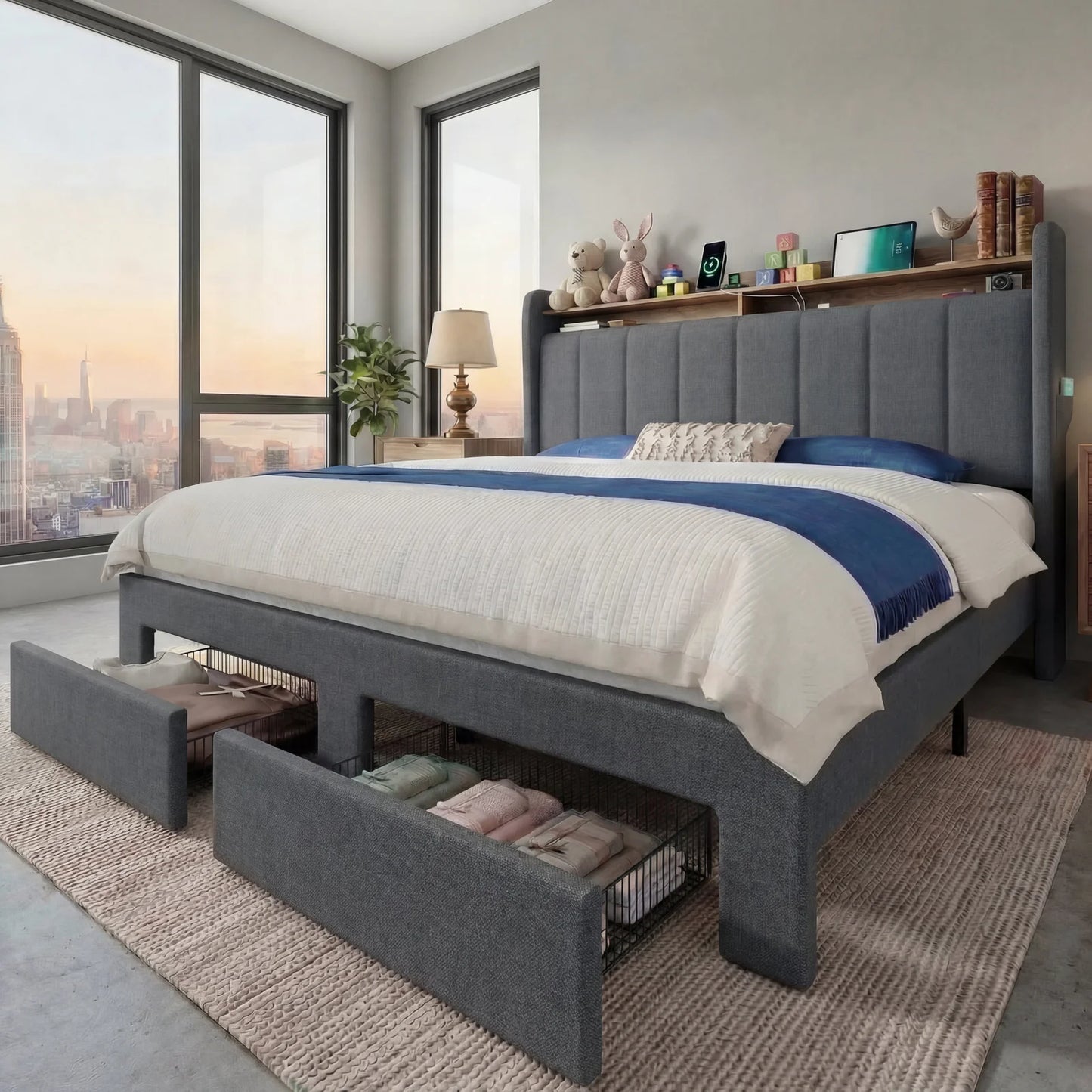 HOOMIC Bed Frame With Storage Drawers Shelves LED Lights Charging