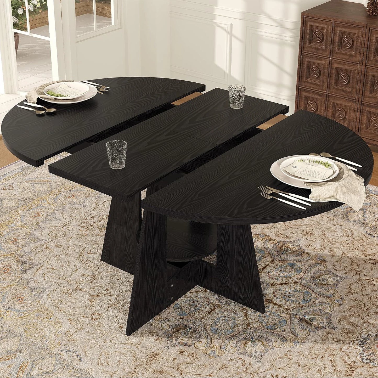 HiMISS Extendable Round Dining Table with Storage Pedestal Base