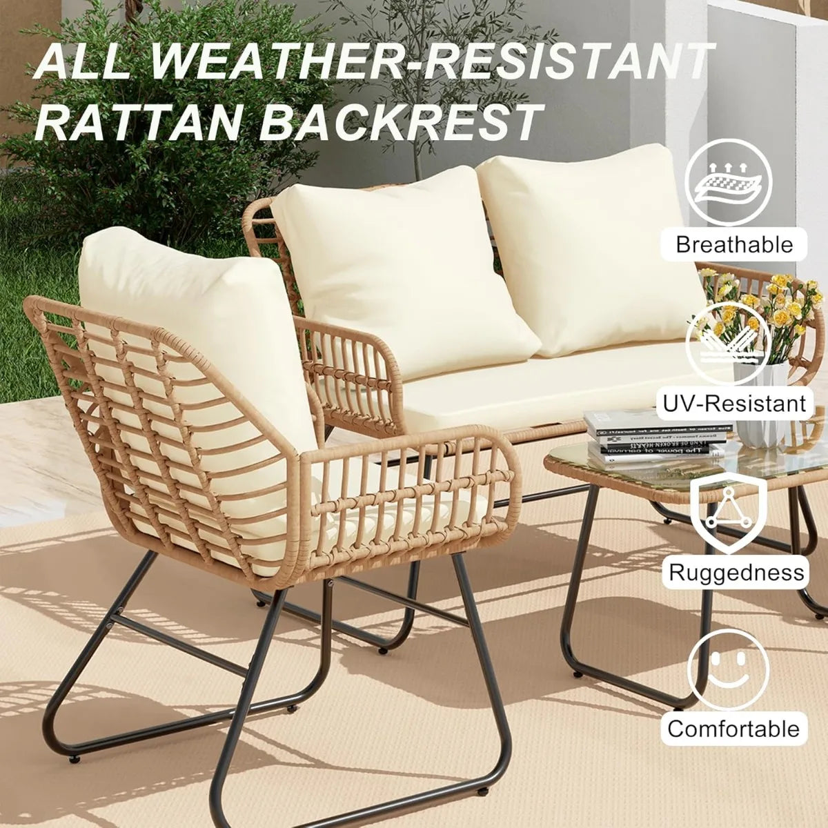 XIUWO 4 Piece Outdoor Patio Furniture Tempered Glass Table Cushions