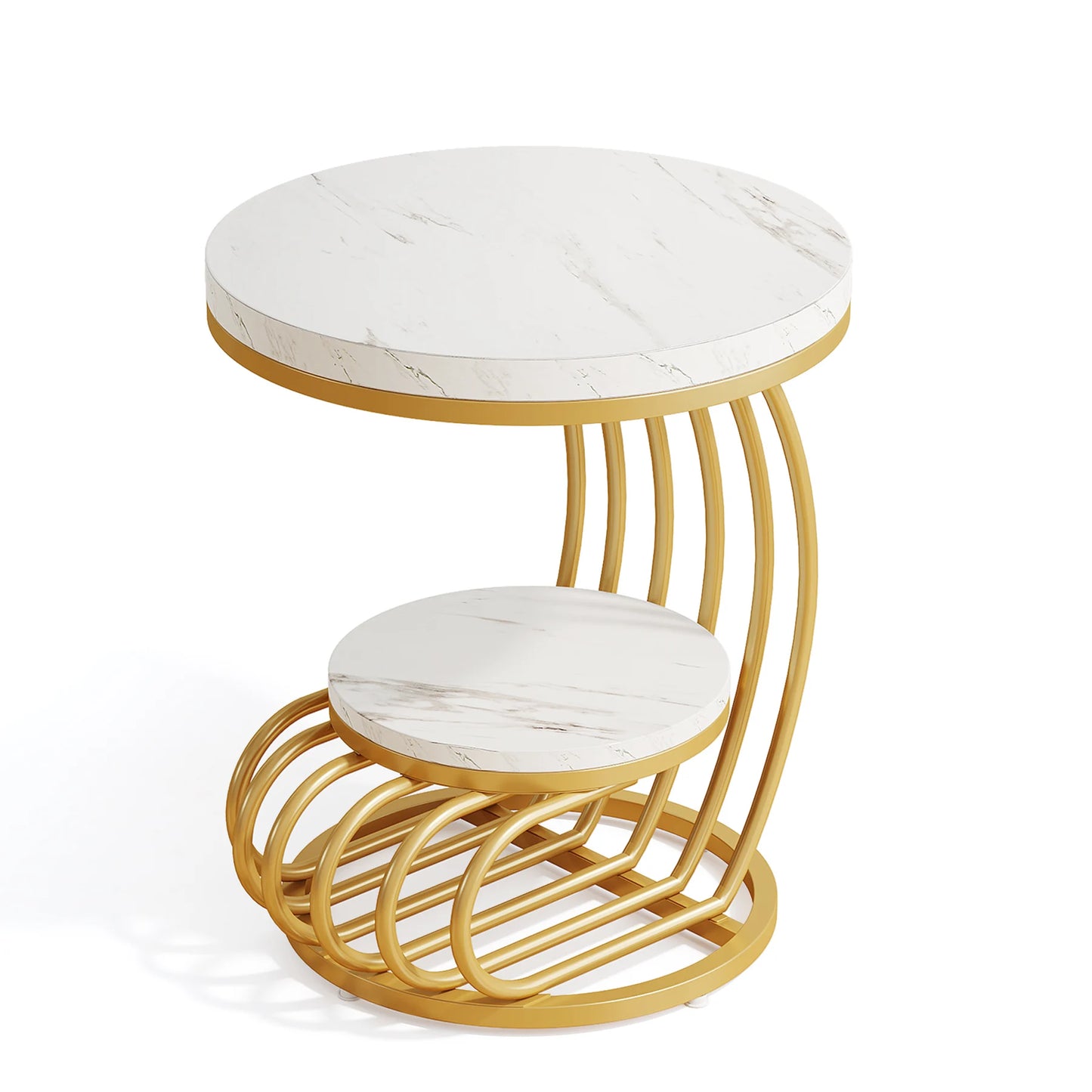 Tribesigns Gold Round End Table Two Tiers Faux Marble Storage