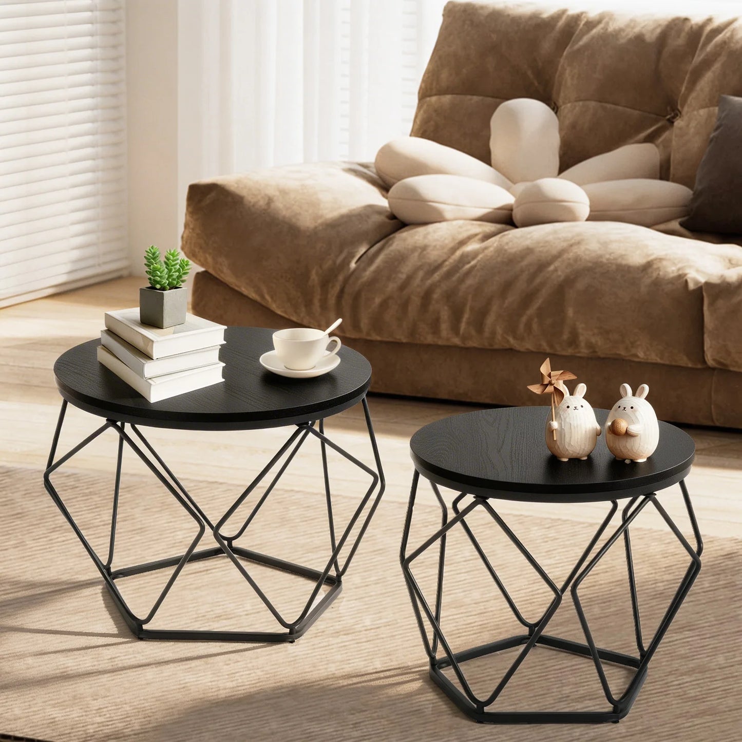 JHK Round Coffee Table Set Of 2 Nesting Hidden Storage