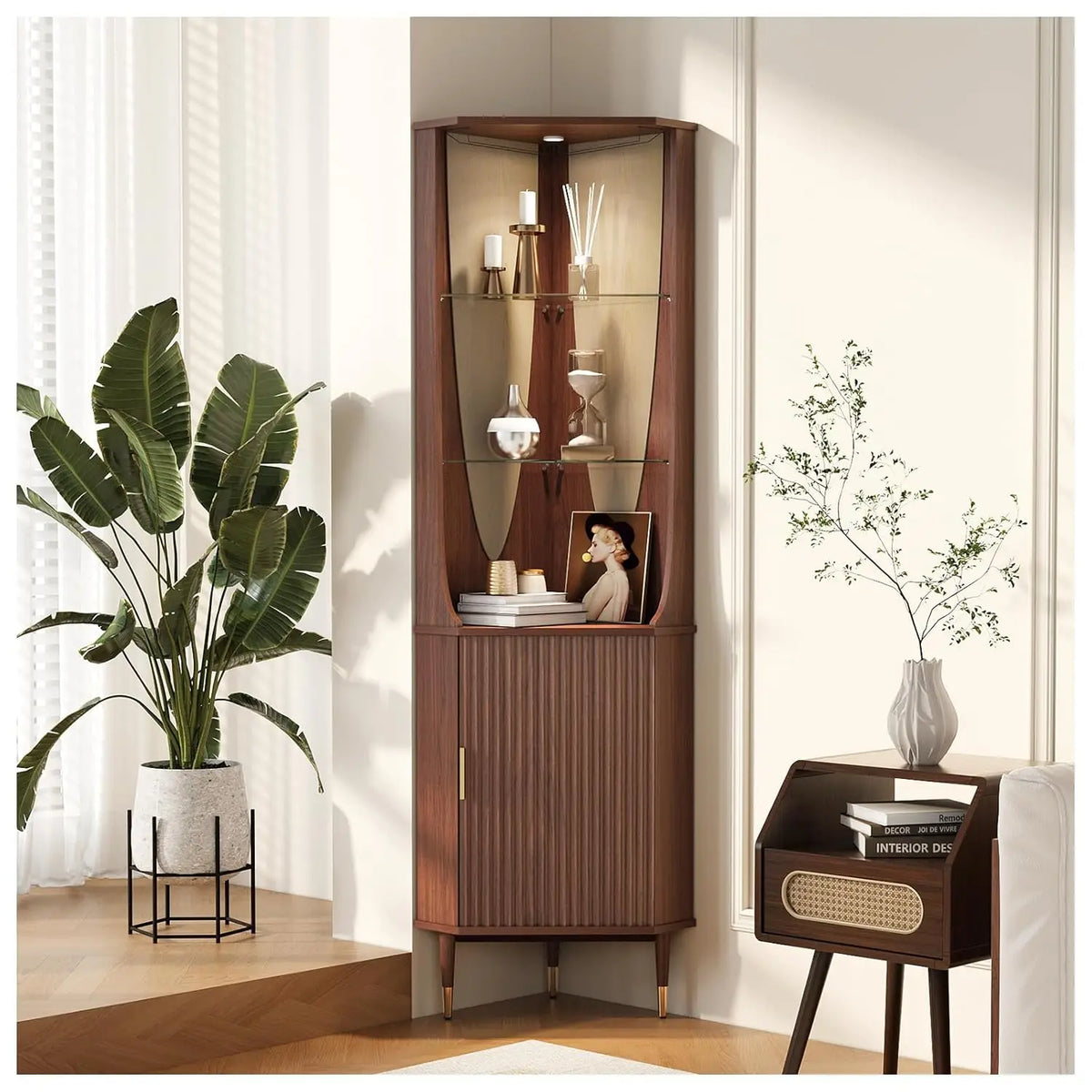 Mid Century Fluted Bar Cabinet With Glass Shelves LED Lighting