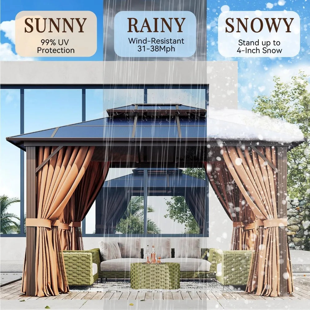 XMSJ Hardtop Gazebo With Double Roof Aluminum Frame Netting Curtains