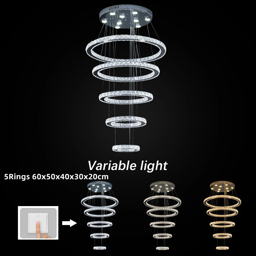 GreeLustr Modern Crystal Chrome Led Pendant Light Adjustable Ring Chandelier