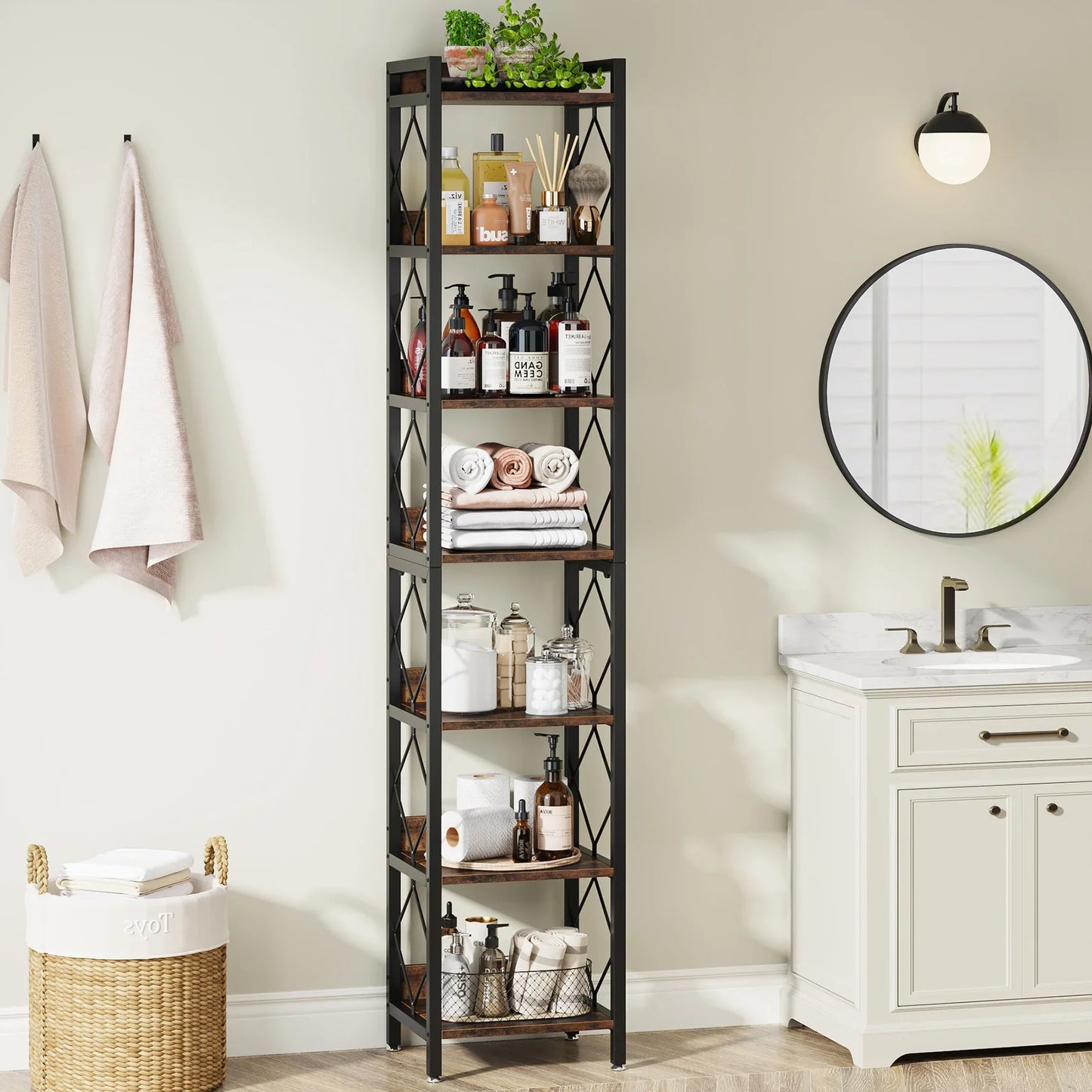 Tribesigns 7 Tier Tall Narrow Wood Bookshelf Freestanding Small Spaces