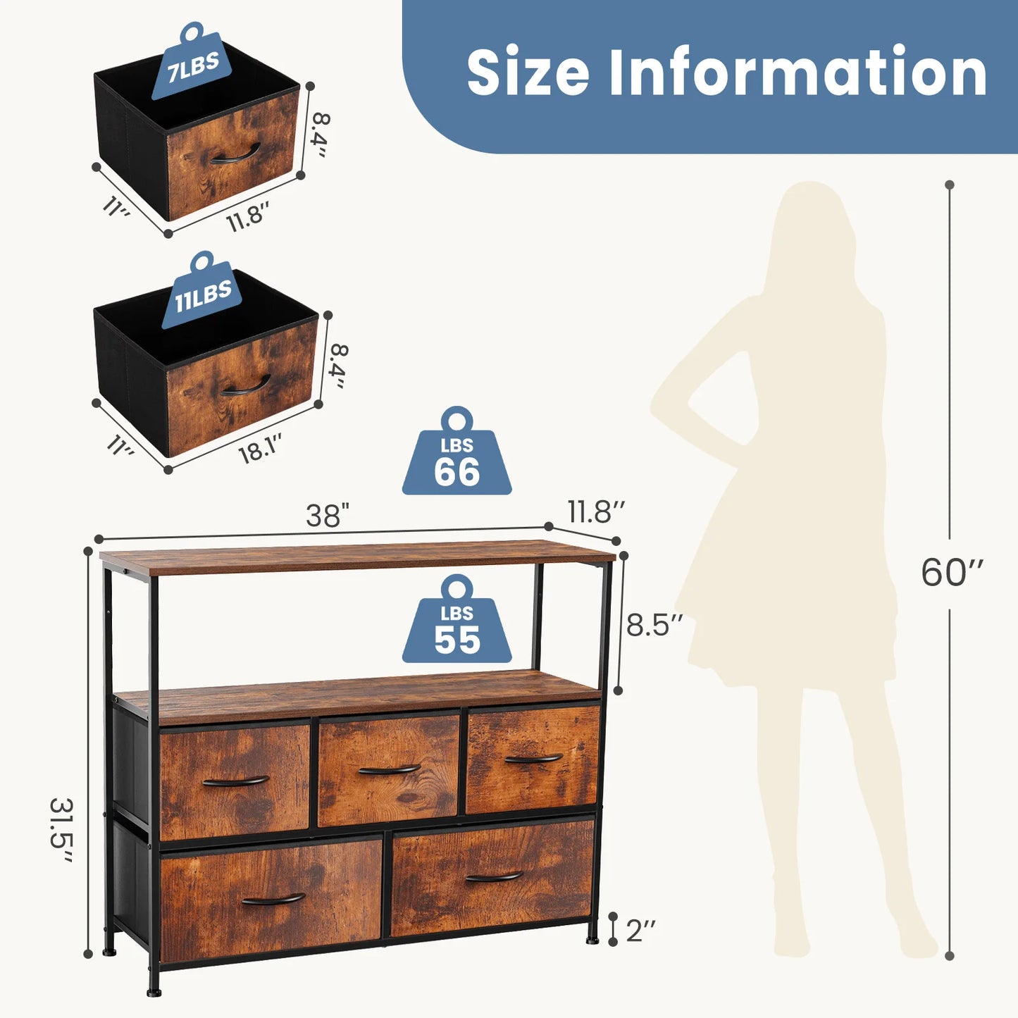 JHK Bedroom TV Stand Dresser With Fireplace Fabric Storage Drawers